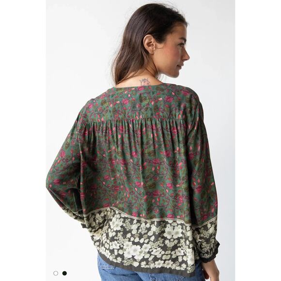 Natural Life Dara Top, Green Floral Border, size large, MSRP $49 - Picture 2 of 11